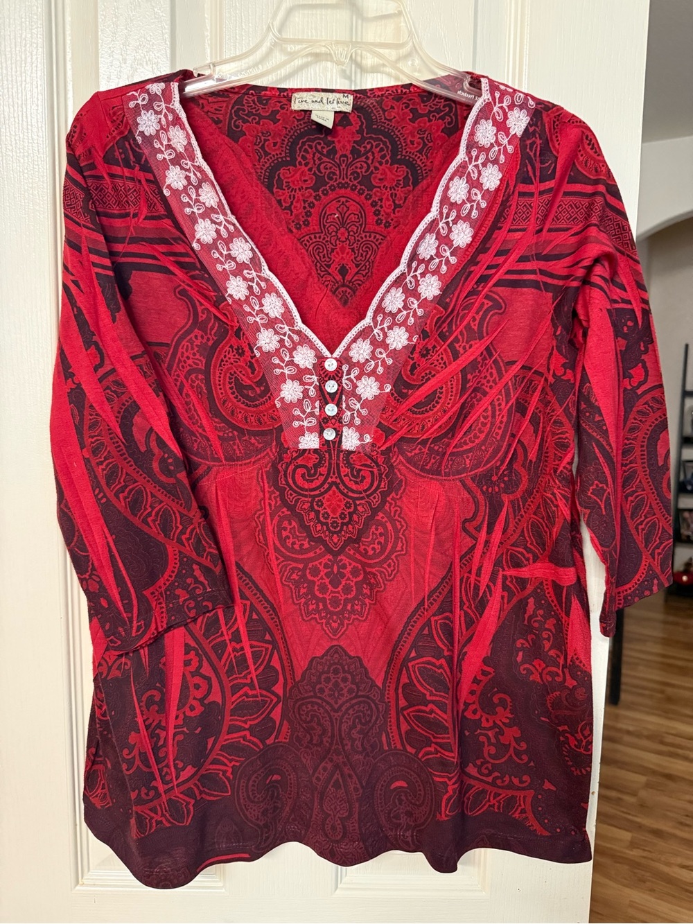 live and let live Red Patterned V-Neck Tunic with White Embroidery